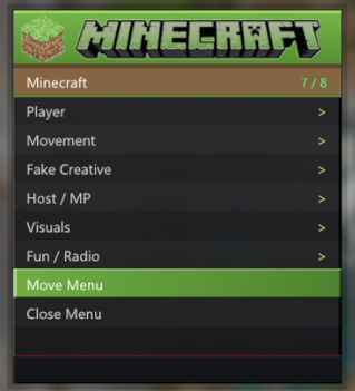 XeMo Minecraft trainer menu — Player, Movement, Fake Creative, Visuals, Fun / Radio